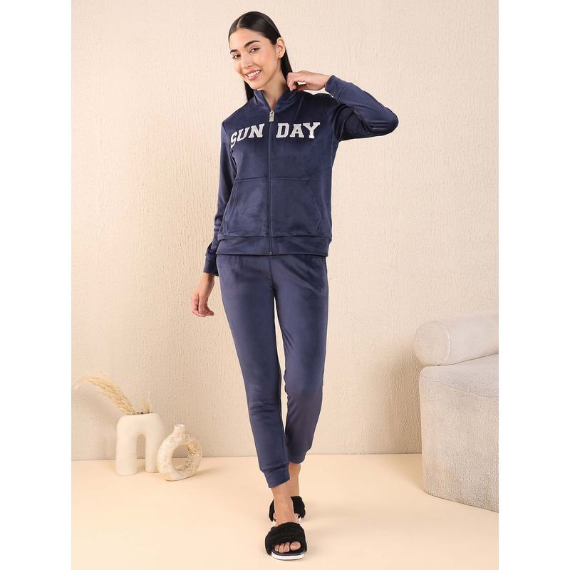 Sweet Dreams Women Navy Blue Velour Spandex Front Open Tracksuit (S)