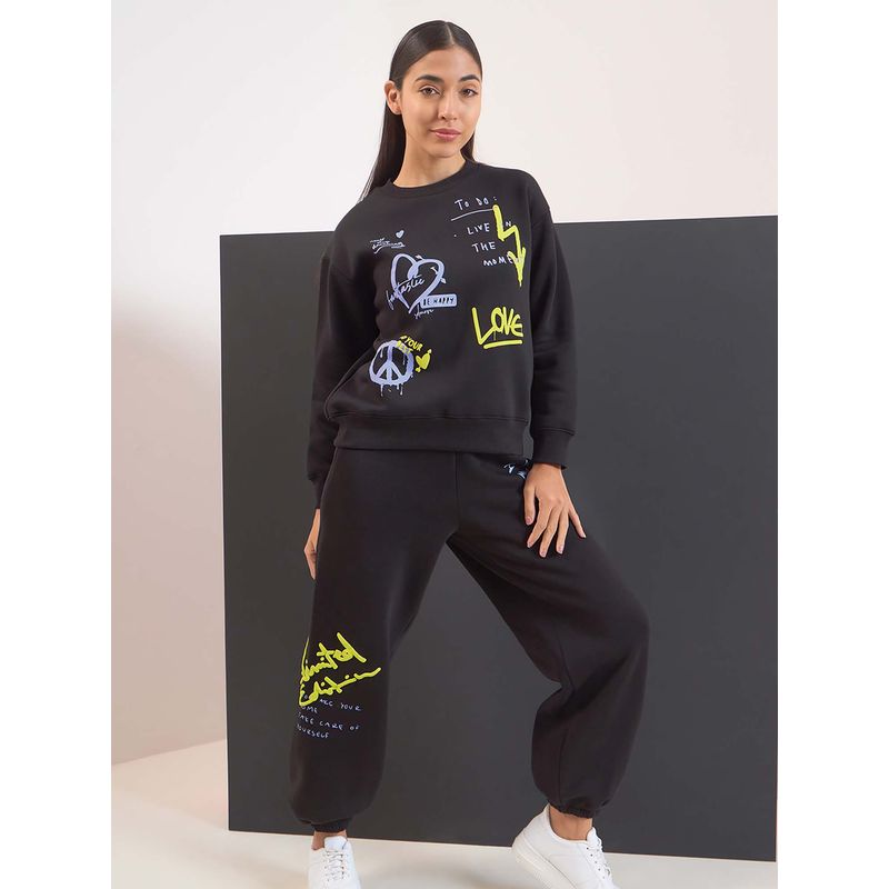 Sweet Dreams Women Black Printed Sweatshirt with Joggers (L)