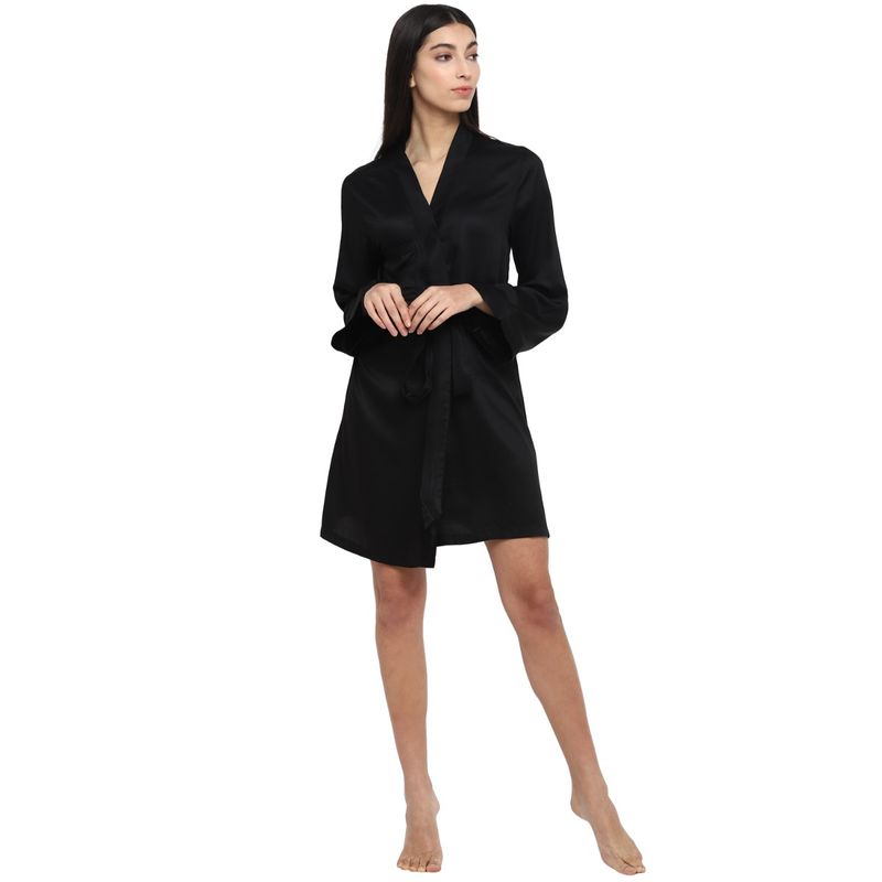 Shopbloom Premium Black Modal Satin Robe with Tie | Nightwear | Lounge Wear - Black (M)
