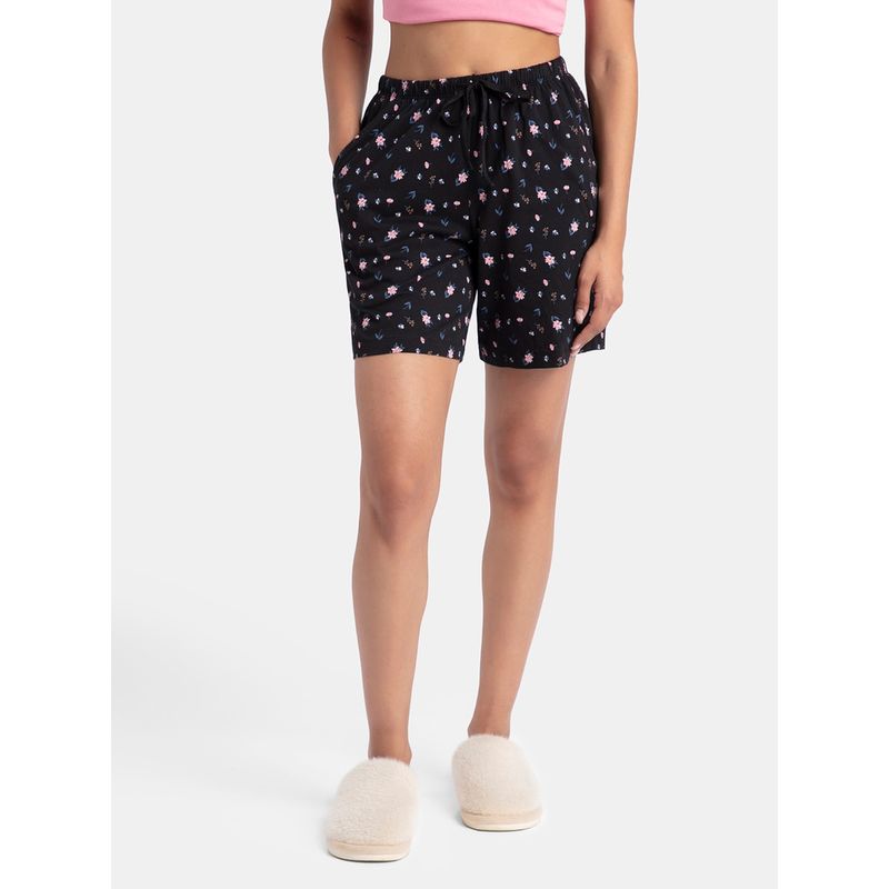 Jockey RX87 Women Super Combed Cotton Relaxed Fit Printed Sleep Shorts - Black (2XL)