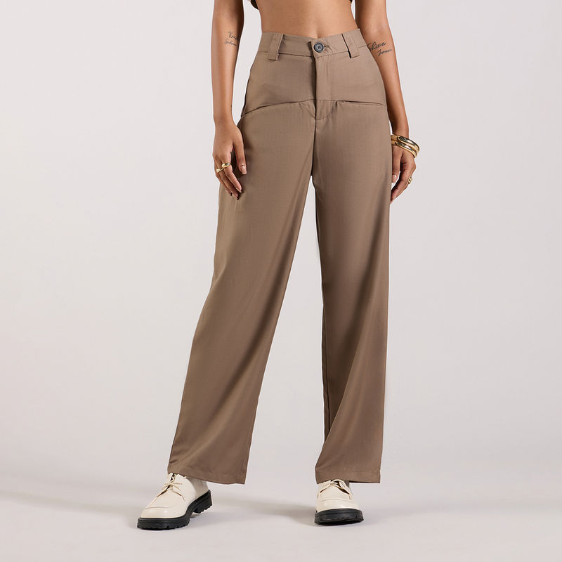 MIXT by Nykaa Fashion Beige Solid Straight Fit Mid Waist Pants (28)