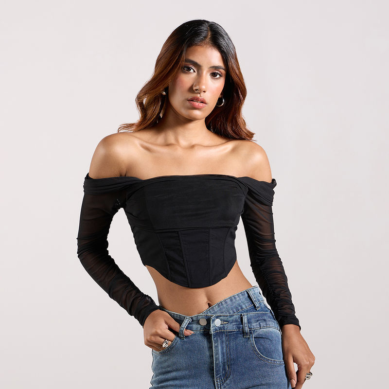 MIXT by Nykaa Fashion Black Solid Off Shoulder Bodycon Crop Top (XS)