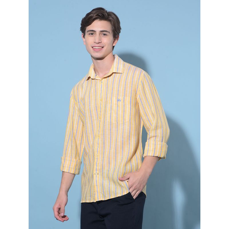CRIMSOUNE CLUB Men Yellow Vertical Striped Linen Shirt (S)