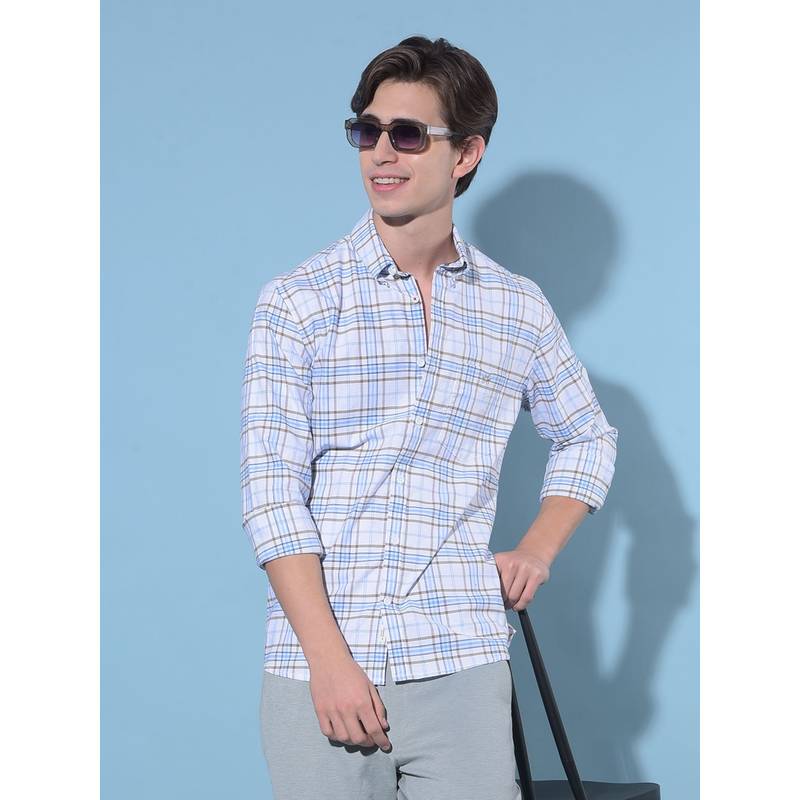 CRIMSOUNE CLUB Men White Tartan Check Cotton Shirt (M)