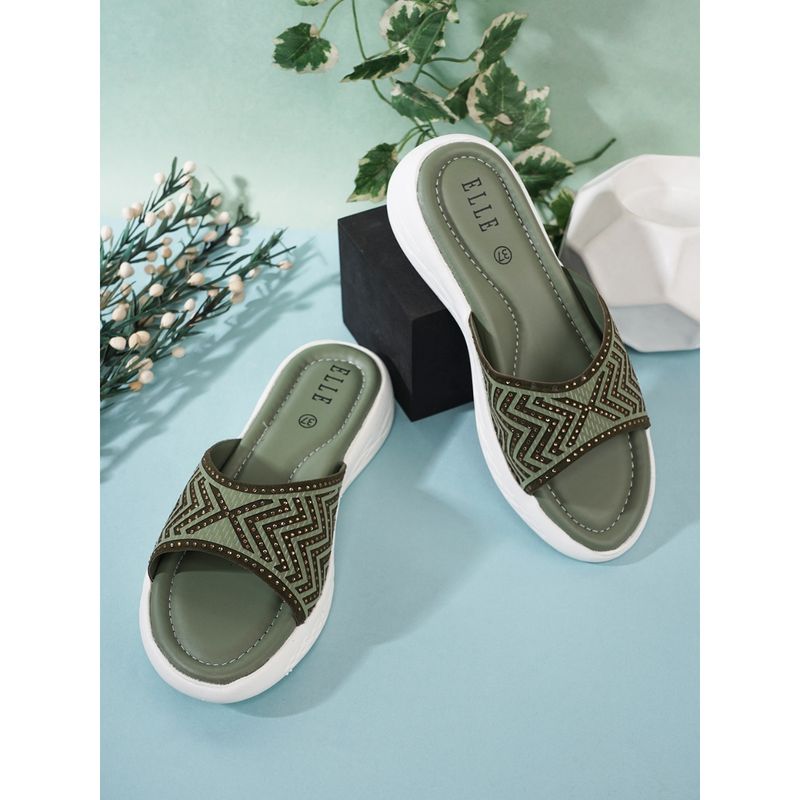 ELLE Green Women Slip On Sliders (EURO 37)