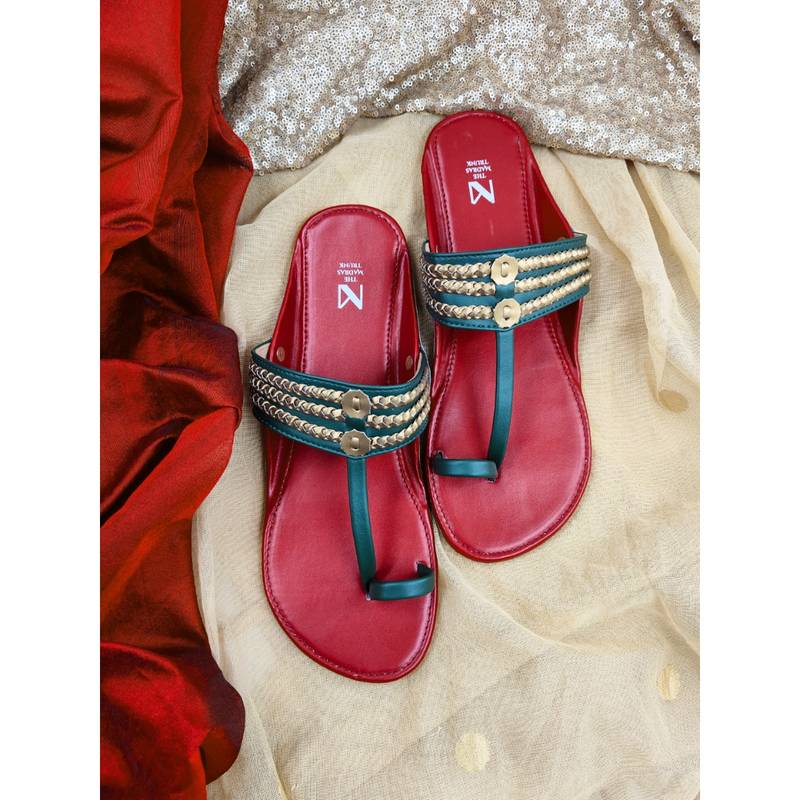 The Madras Trunk Maroon Green Haiku Ruhi Braided Flat Kolhapuri (EURO 36)