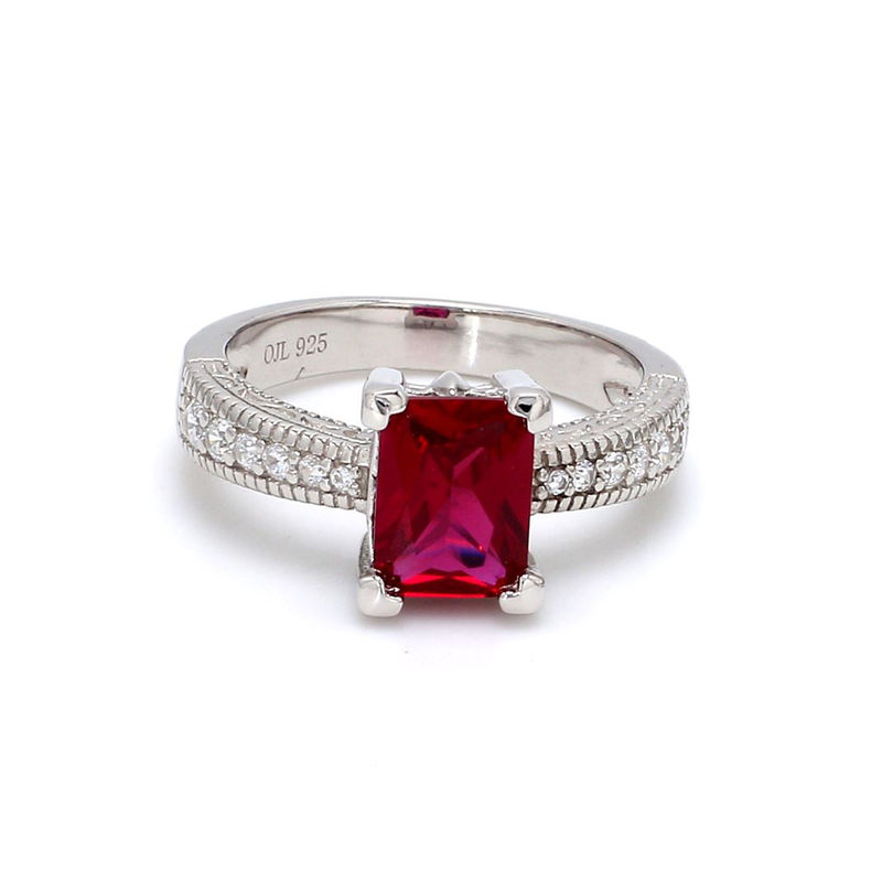 Ornate Jewels - 925 Sterling Silver American Diamond Single Created Ruby Ring For Womens Size - 11