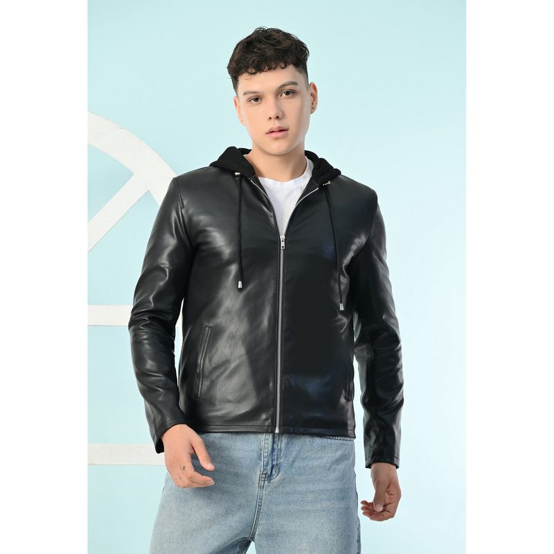 TBOJ Men Hooded Solid Casual Biker Black Jacket (S)