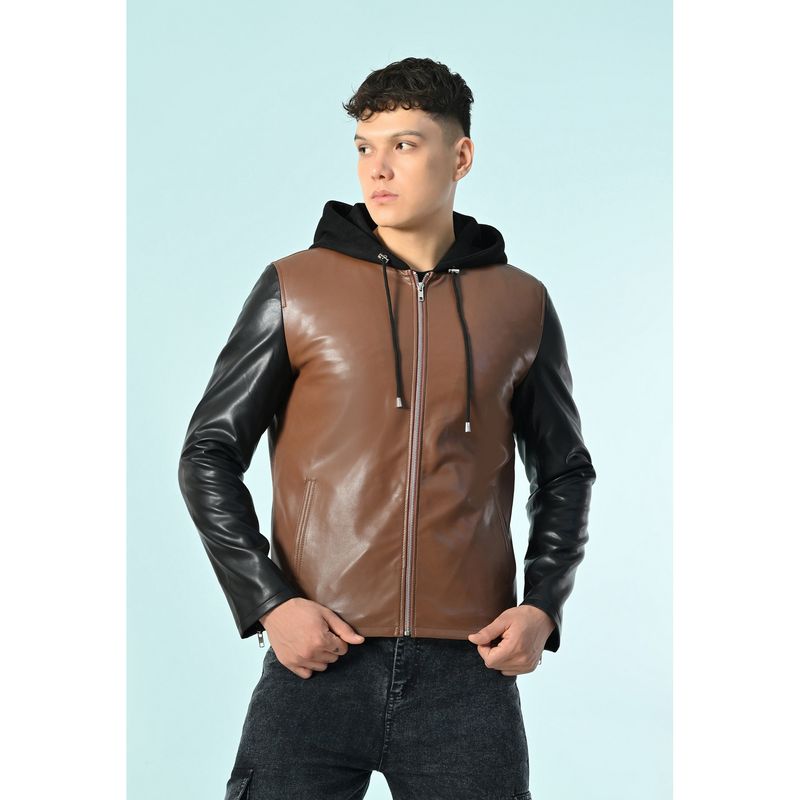 TBOJ Men Hooded Solid Casual Biker Tan Jacket (2XL)