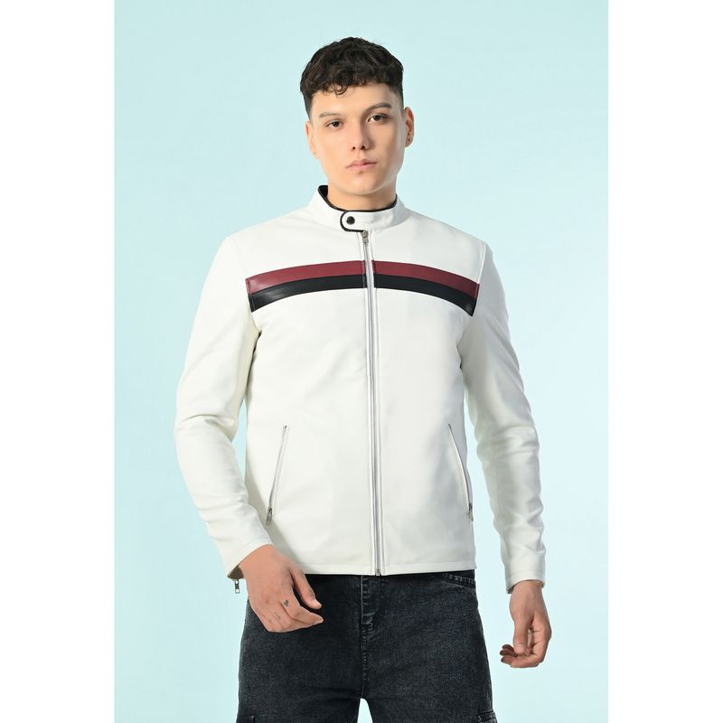 TBOJ Men Mandarin Neck Solid Casual Biker White Jacket (S)