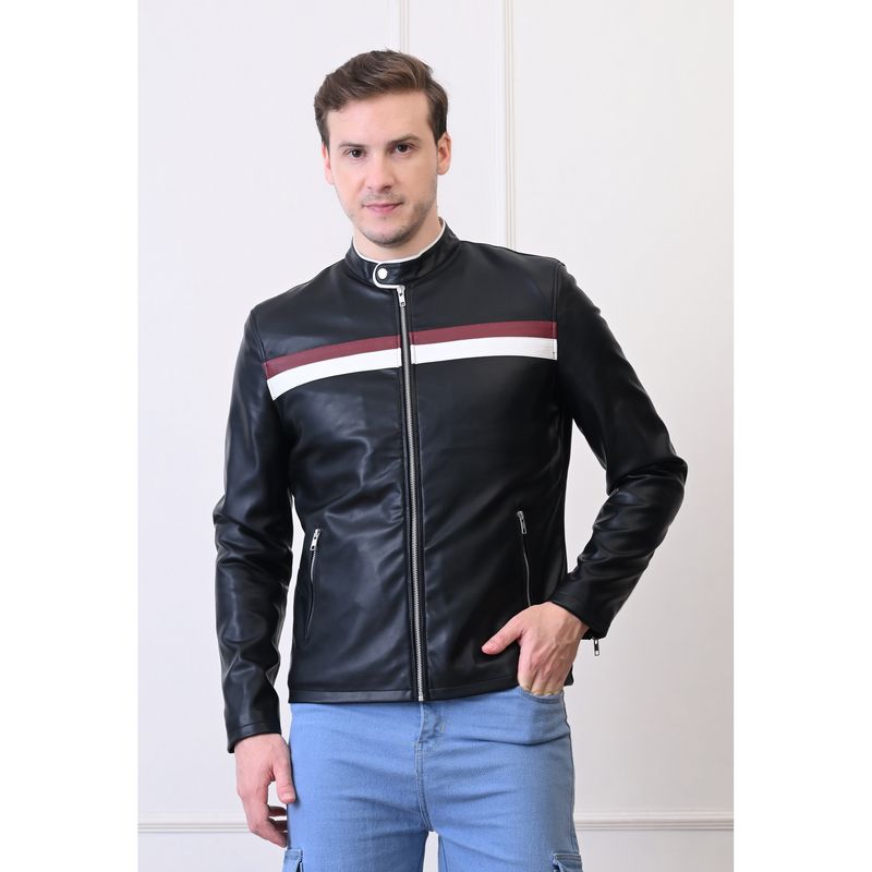 TBOJ Men Mandarin Collar Slit Pocket Solid Casual Biker Black Jacket (L)