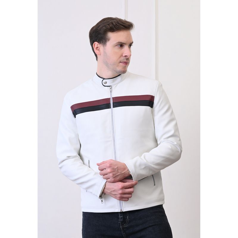 TBOJ Men Mandarin Collar Slit Pocket Solid Casual Biker White Jacket (S)