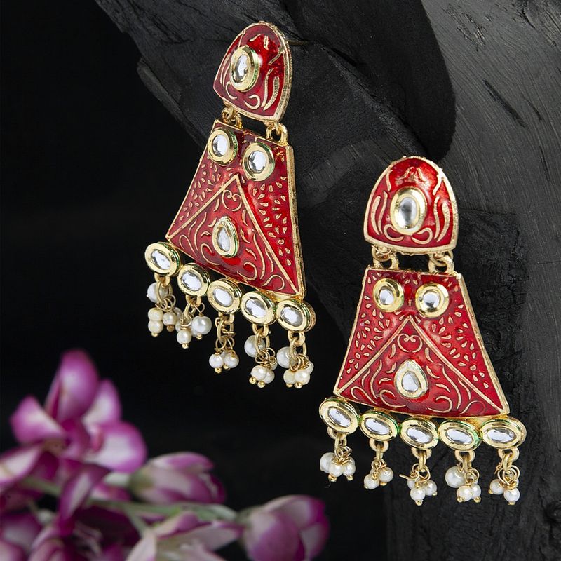 Moedbuille Kundan Studded Handpainted Red Meenakari Design Gold Plated