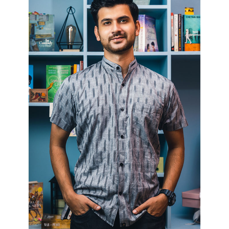 JAVINISHKA Grey Stripes Handwoven Ikat Slim Shirt (S)