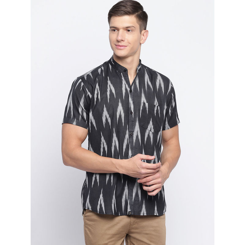 JAVINISHKA Black Handwoven Ikat Slim Fit Shirt (S)