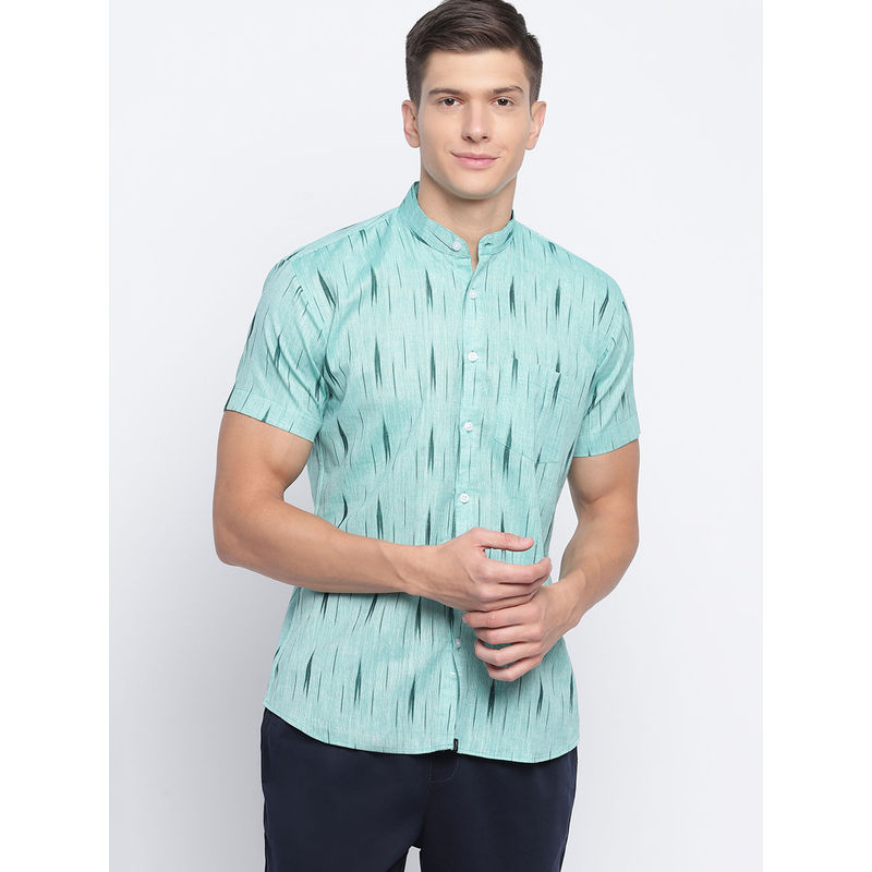 JAVINISHKA Teal Handwoven Ikat Slim Fit Shirt (S)