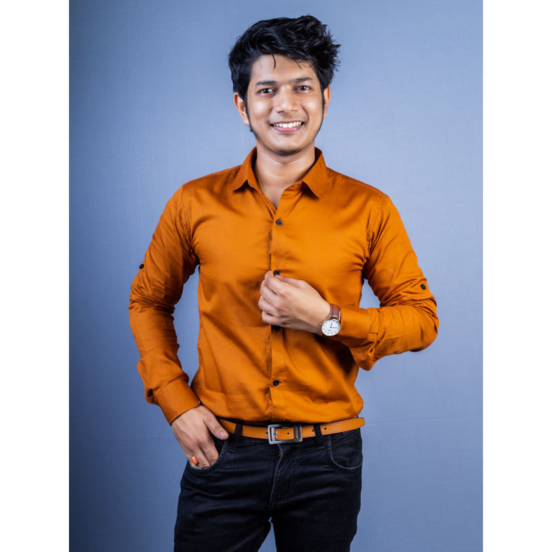 JAVINISHKA Brown Solid Party Wear Slim Fit Cotton Satin Shirt (S)