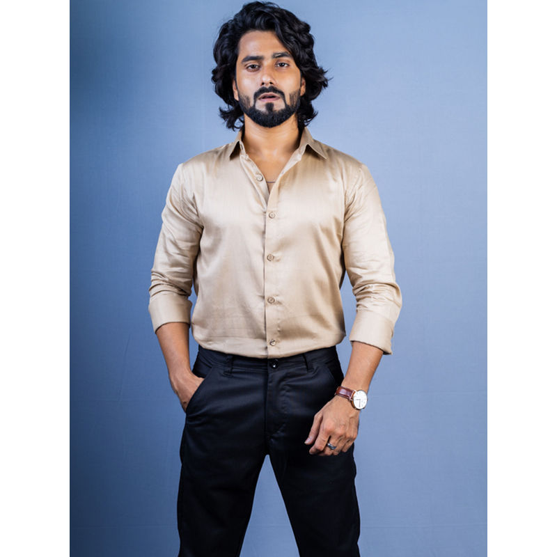 JAVINISHKA Beige Solid Party Wear Slim Fit Cotton Satin Shirt (2XL)