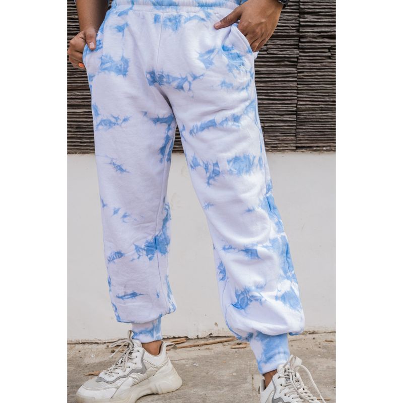 JAVINISHKA Premium Blue & White Pure Cotton Tie Dye Unisex Joggers (M)