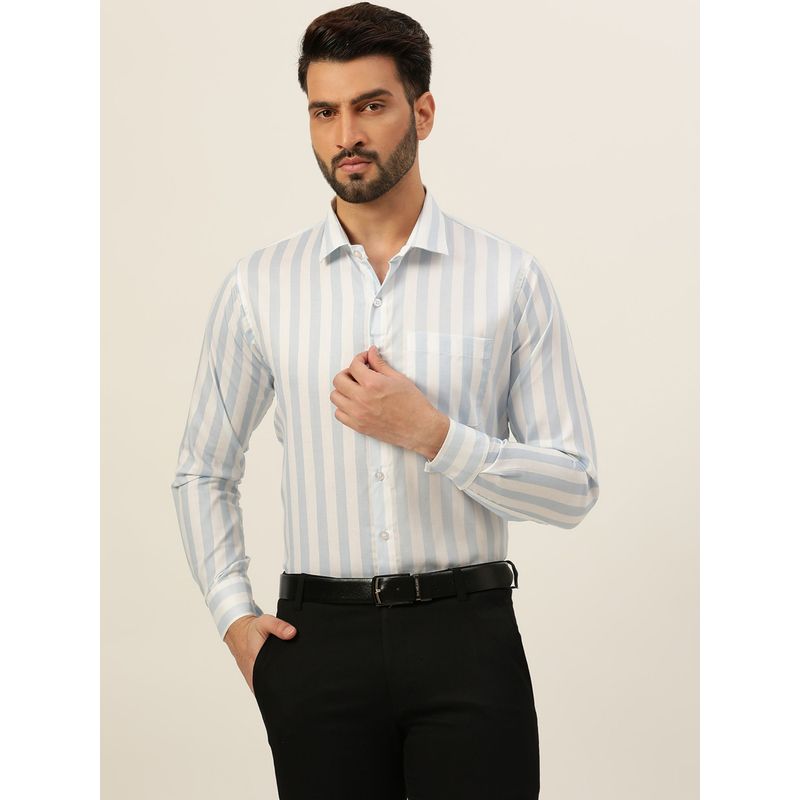 JAVINISHKA Premium Pastel Blue Bold Stripes Formal Men Shirt (L)