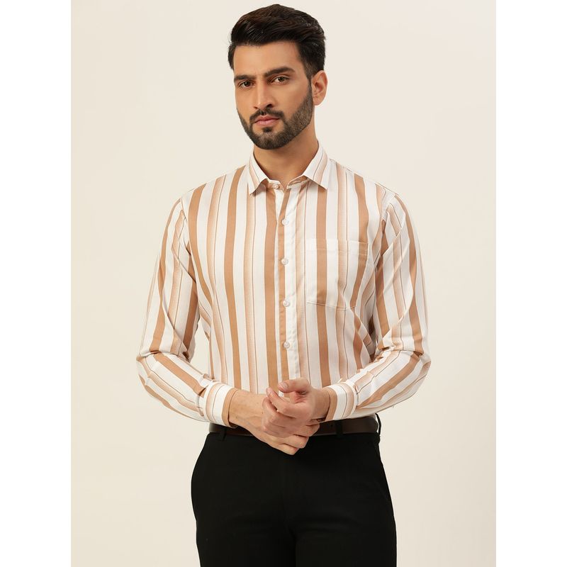 JAVINISHKA Premium Tan Dual Shaded Stripes Formal Men Shirt (M)