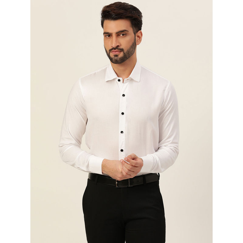 JAVINISHKA White Premium Rayon Slim Fit Men Shirt With Black Buttons (S)