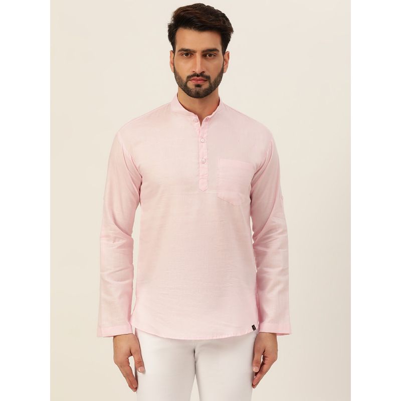 JAVINISHKA Premium Baby Pink Textured Cotton Linen Short Kurta (XL)