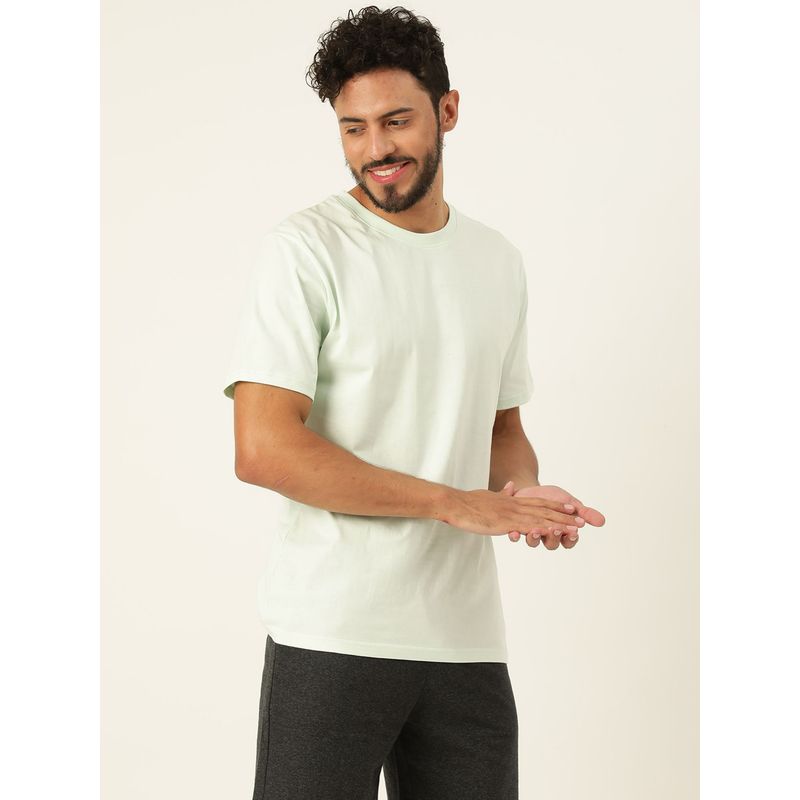 JAVINISHKA Solid Mint Green Round Neck Cotton Relaxed Fit T Shirt (S)