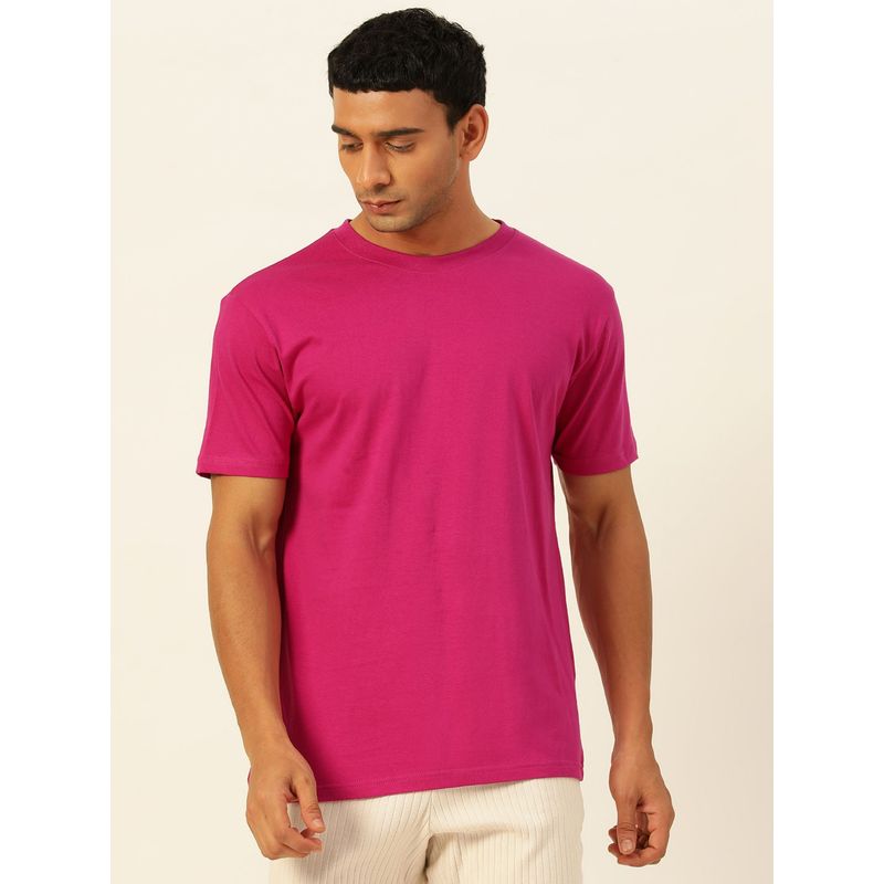 JAVINISHKA Solid Pink Round Neck Cotton Relaxed Fit T Shirt (S)