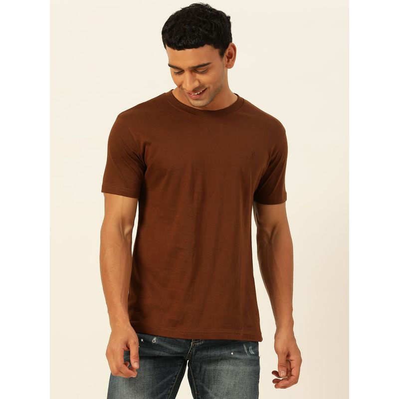 JAVINISHKA Solid Coffee Brown Round Neck Cotton Relaxed Fit T Shirt (XL)