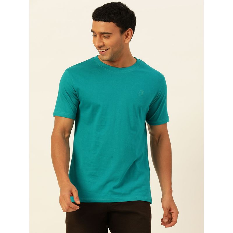 JAVINISHKA Solid Teal Round Neck Cotton Relaxed Fit T Shirt (S)