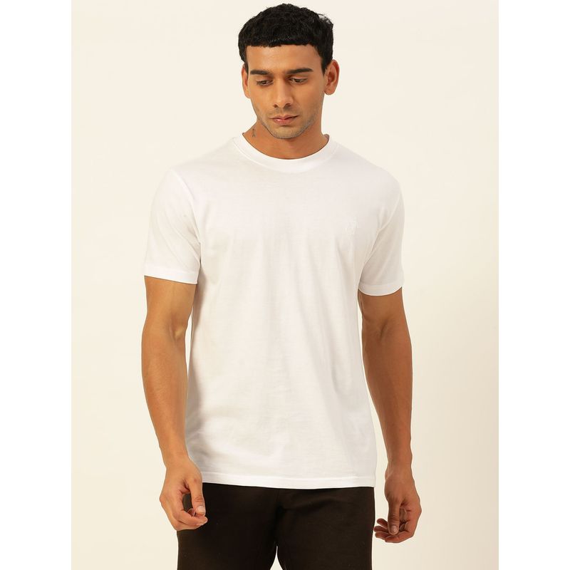JAVINISHKA Solid White Round Neck Cotton Relaxed Fit T Shirt (L)