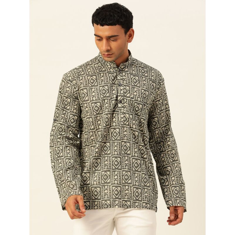 JAVINISHKA Premium Dark Green & White Blocks Handblock Printed Short Kurta (M)