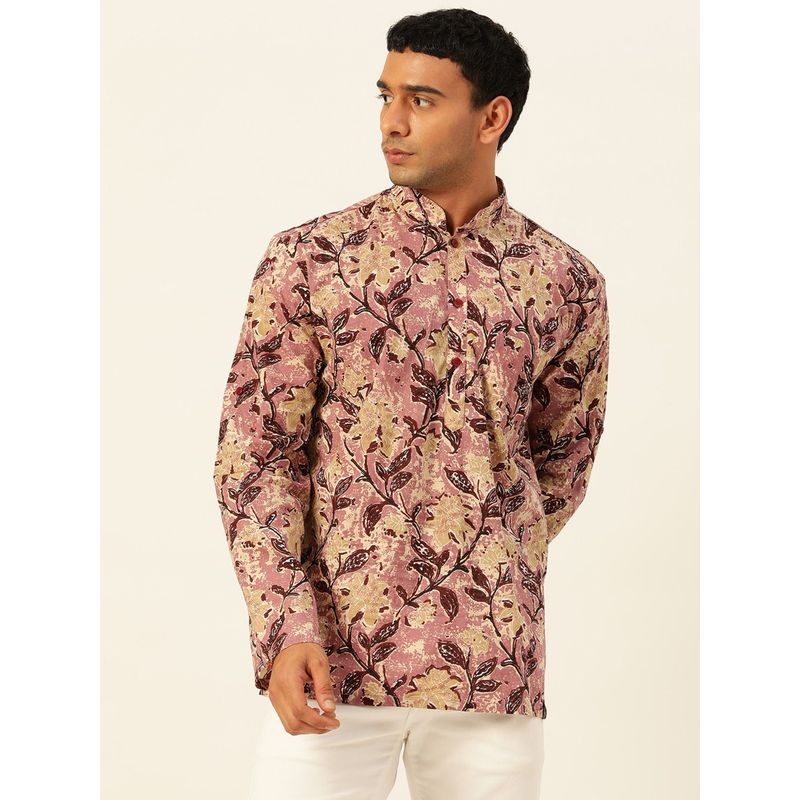 JAVINISHKA Premium Pink & Yellow Floral Handblock Printed Short Kurta (2XL)