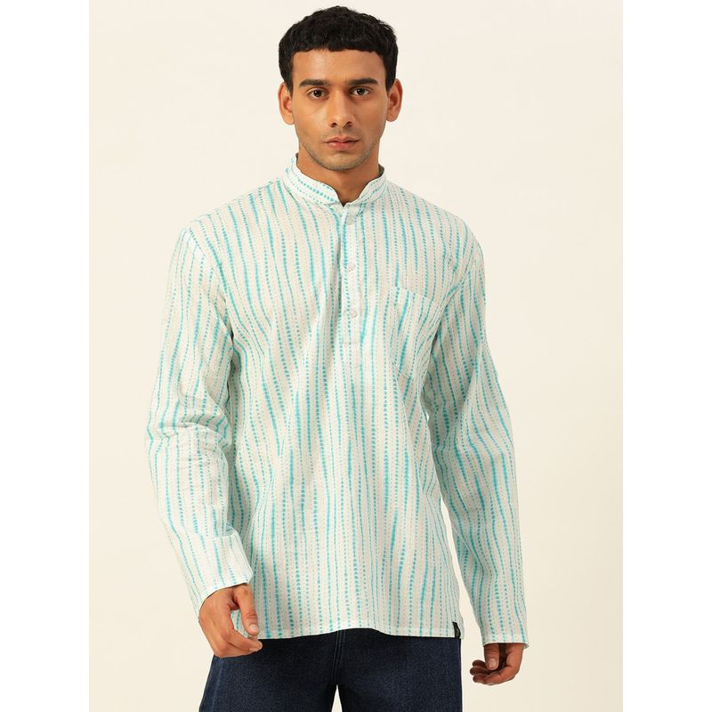 JAVINISHKA Premium Sky Blue & White Tie Dye Handblock Printed Short Kurta (M)