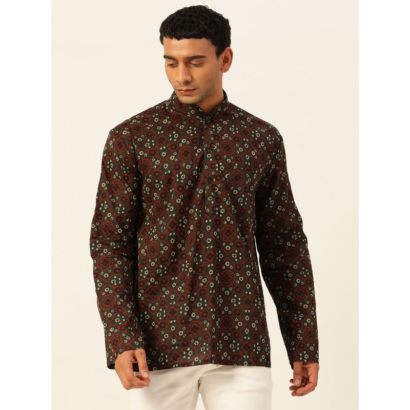 JAVINISHKA Premium Dark Green & Red Rhombus Print Handblock Printed Short Kurta (S)