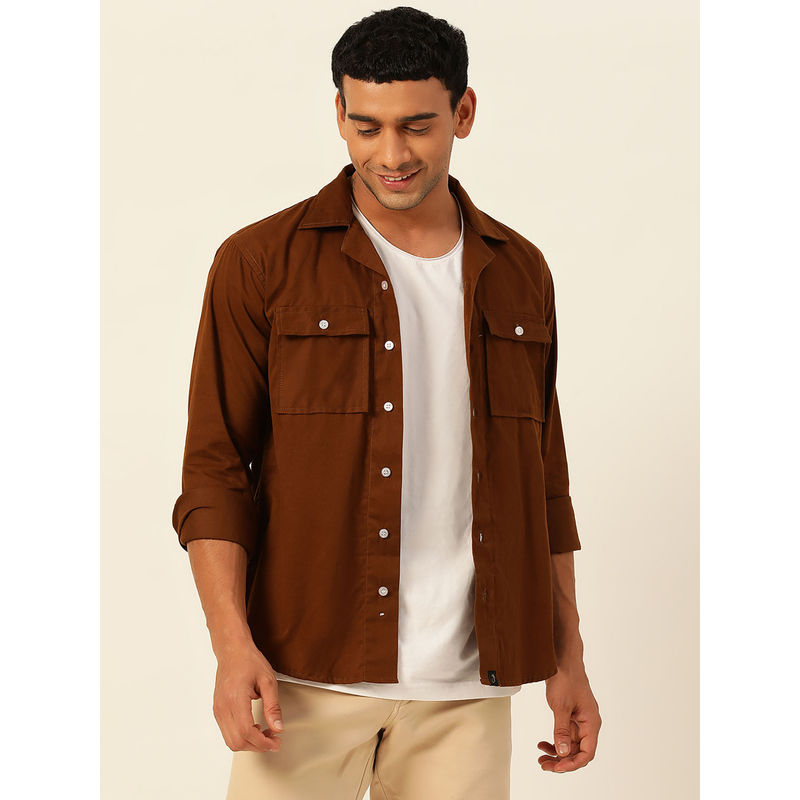 JAVINISHKA Premium Chocolate Brown Cargo Regular Fit Unisex Cotton Overshirt (XL)