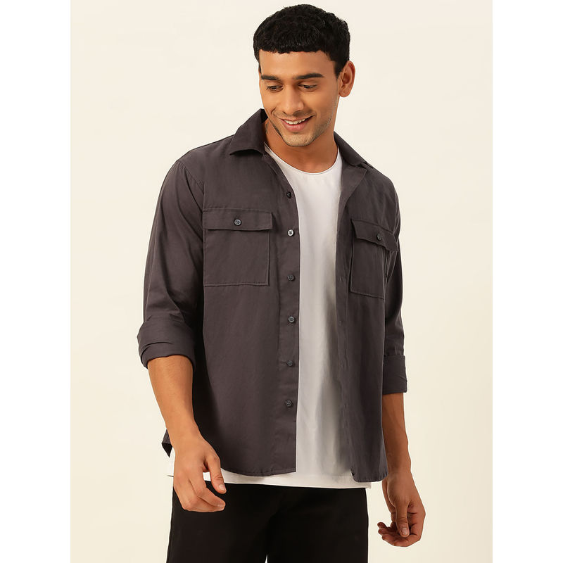 JAVINISHKA Premium Dark Grey Cargo Regular Fit Unisex Cotton Overshirt (XL)