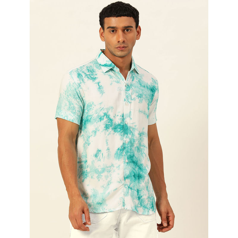 JAVINISHKA Premium Turquoise & White Tie Dye Slim Fit Unisex Rayon Shirt (XS)