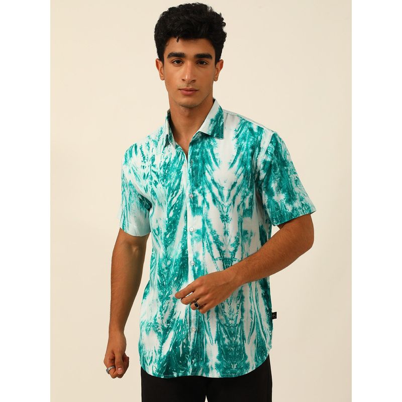 JAVINISHKA Teal Sustainable Tie Dye Pashmina Slim Fit Unisex Half Sleeves Shirt (XL)