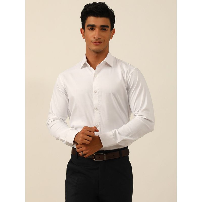 JAVINISHKA White Checkered Sustainable Egyptian Giza Party Wear Formal Shirt (S)