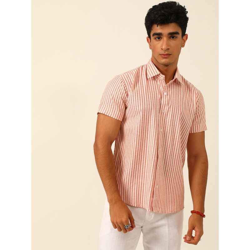 JAVINISHKA Orange and White Striped Sustainable Linen Slim Fit Shirt (L)