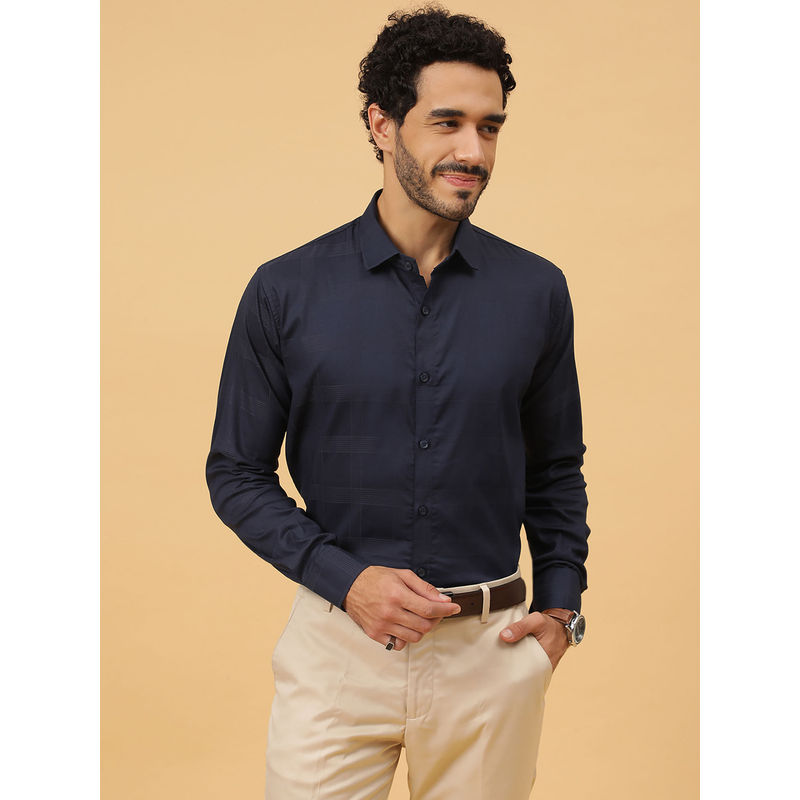 JAVINISHKA Navy Blue Checkered Sustainable Egyptian Giza Cotton Party Wear Formal Shirt (S)