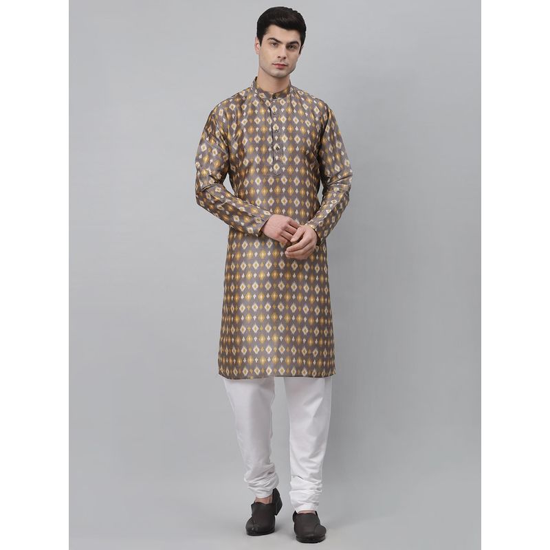 NEUDIS Men Grey and Yellow Patola Print Dupion Silk Kurta (S)