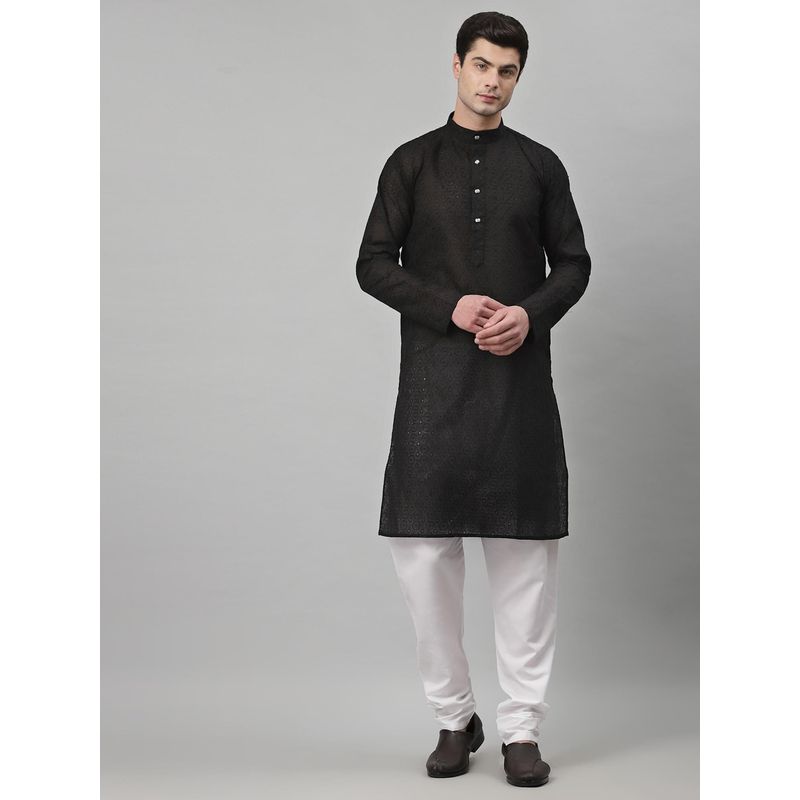 NEUDIS Men Black Cotton Thread Work Straight Kurta (XL)