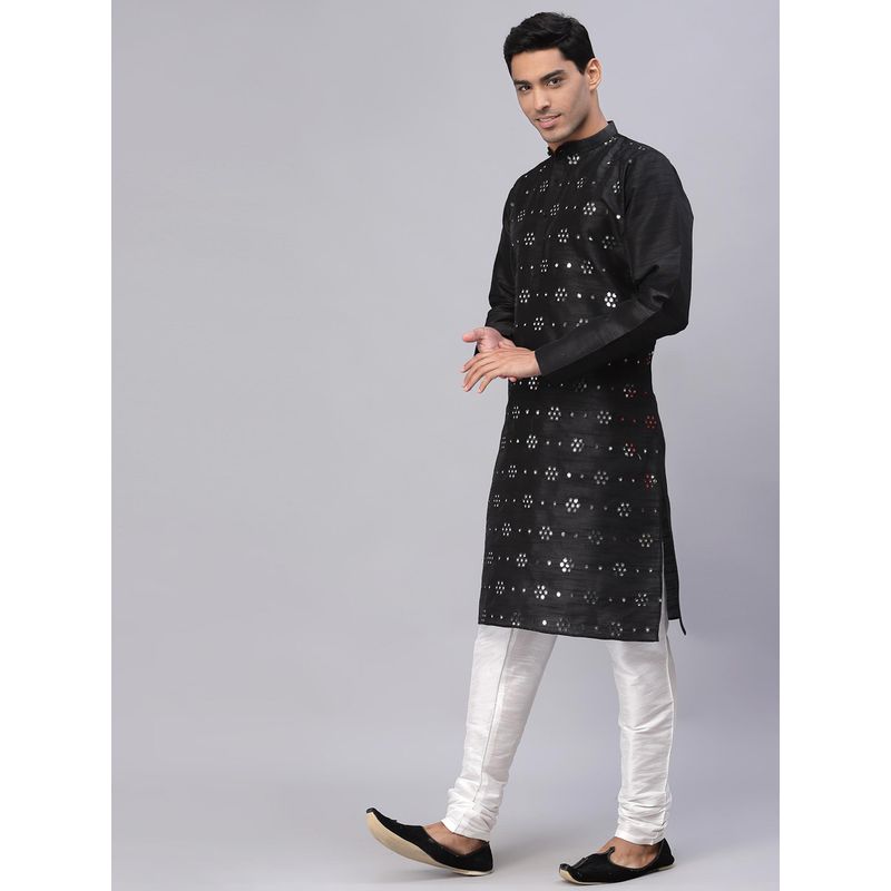 NEUDIS Men Black Dupion Silk Mirror Work Straight Kurta (XL)