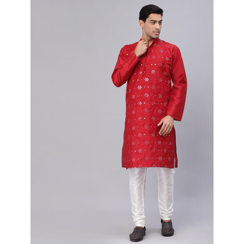 NEUDIS Men Maroon Dupion Silk Mirror Work Straight Kurta (XL)