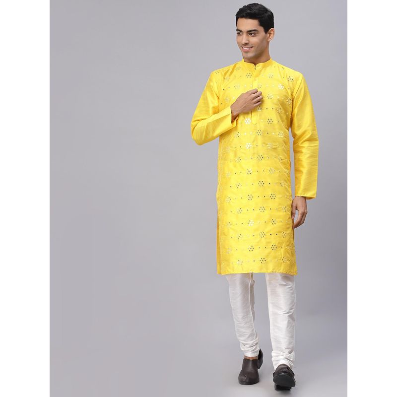 NEUDIS Men Yellow Dupion Silk Mirror Work Straight Kurta (S)