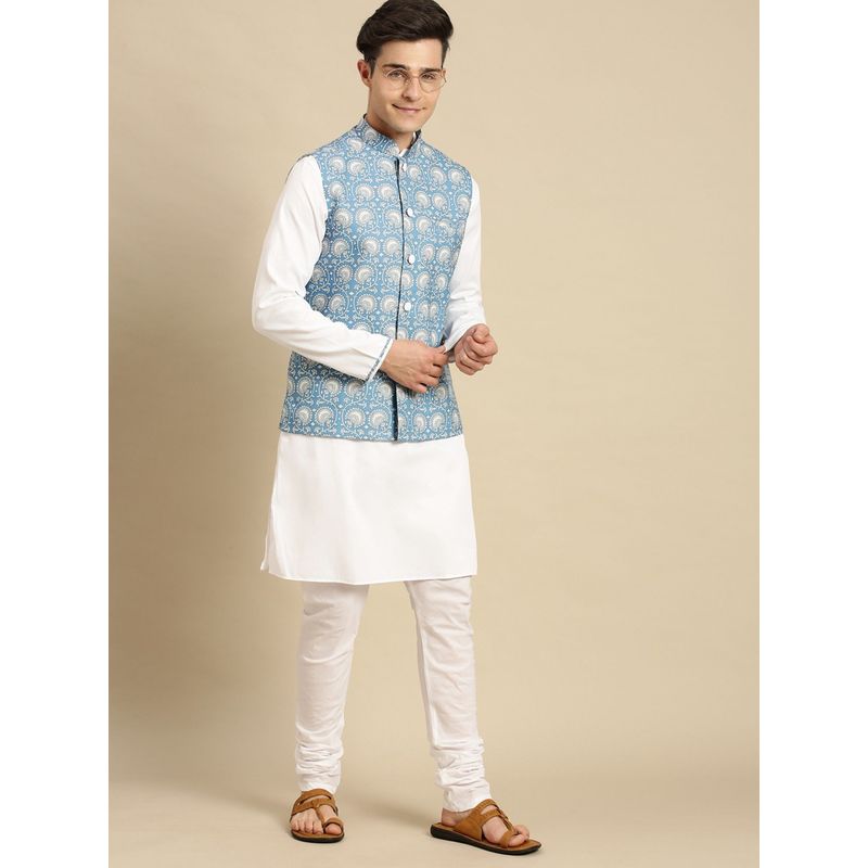 Sanwara Mens Printed Solid Jacquard Light Blue Jacket and Kurta (Set of 2) (2XL)