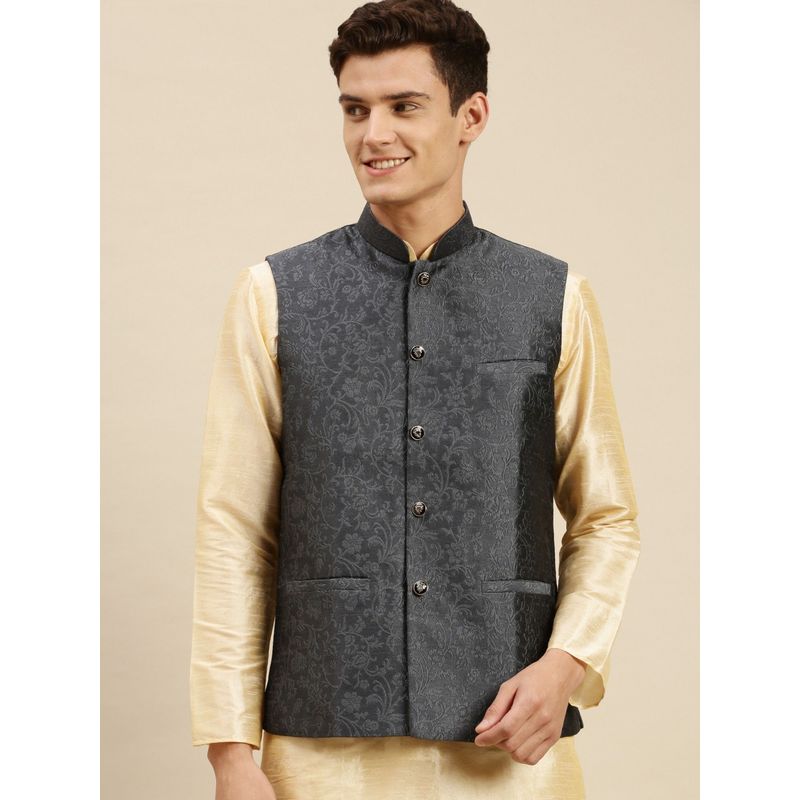 Sanwara Mens Black Printed Art Silk Ethnic Bandi Jacket (40)